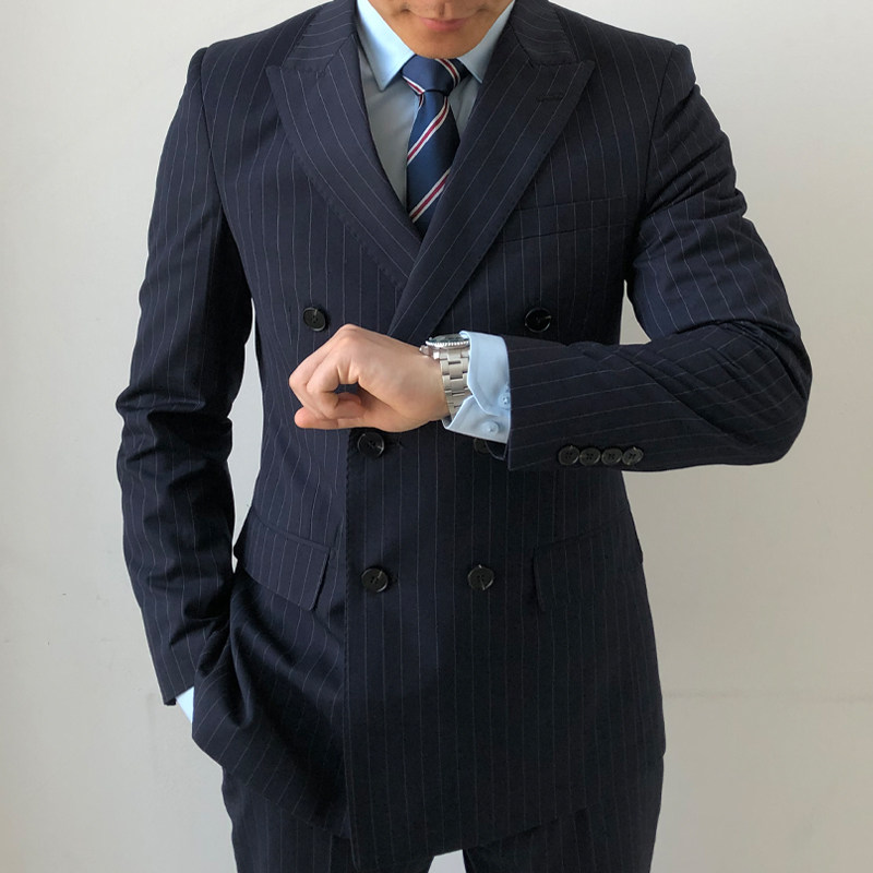 条纹ricodesign王牌特工kingsman同款双排深蓝竖条羊毛西服套装