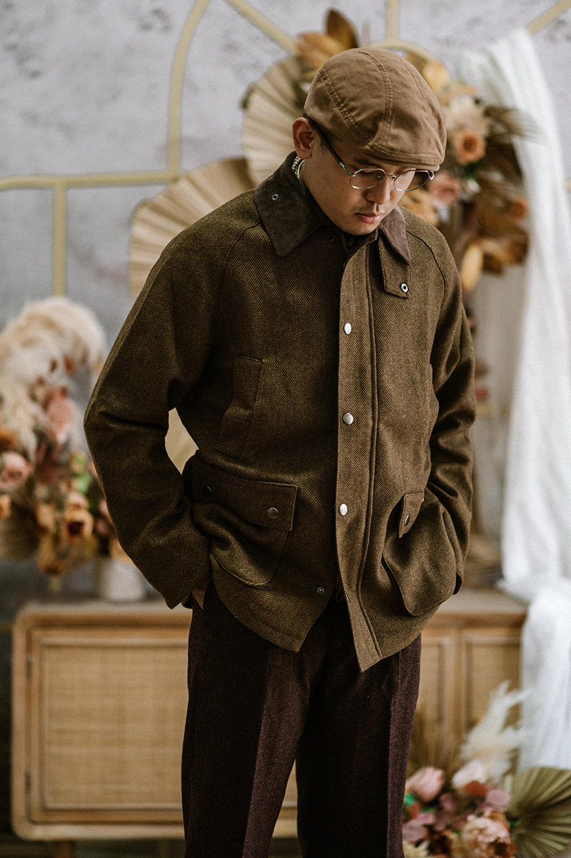 复古经典tweed猎装外套 秋冬英伦粗花呢羊毛宽松多口袋工装夹克男