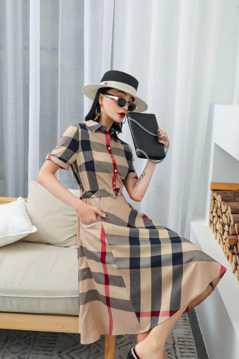 2021年夏装欧洲名品英伦风女装格纹修身显瘦裙摆连衣裙