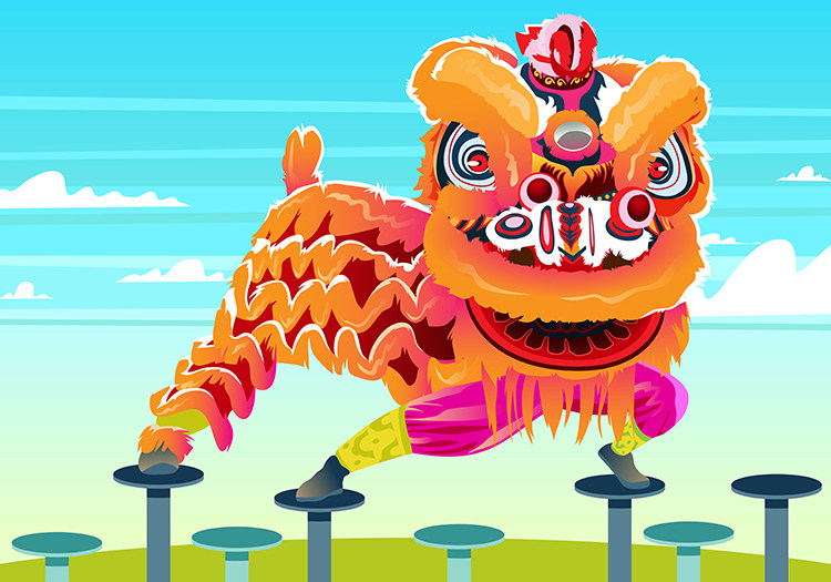 新年舞狮醒狮新春春节元旦迎春贺岁狮子插画设计素材