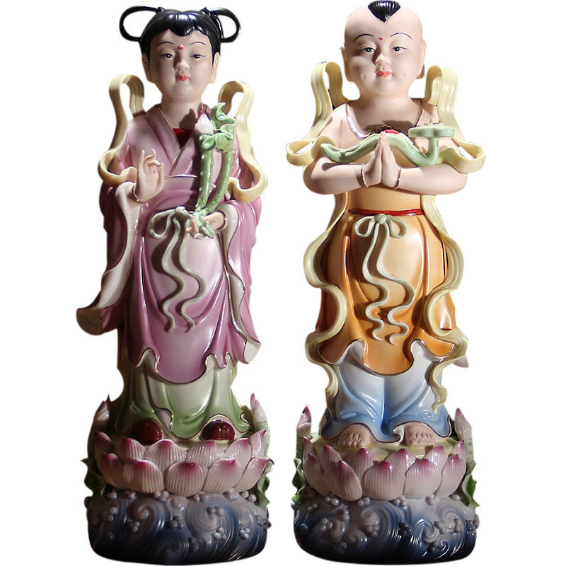 本器8-14吋佛前对童陶瓷观音菩萨佛像善财童子描金金童玉女摆件