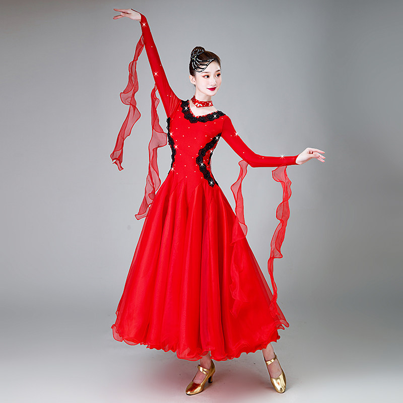 新款摩登舞裙大摆交谊舞连衣裙国标舞比赛华尔兹表演摩登舞套装含演出