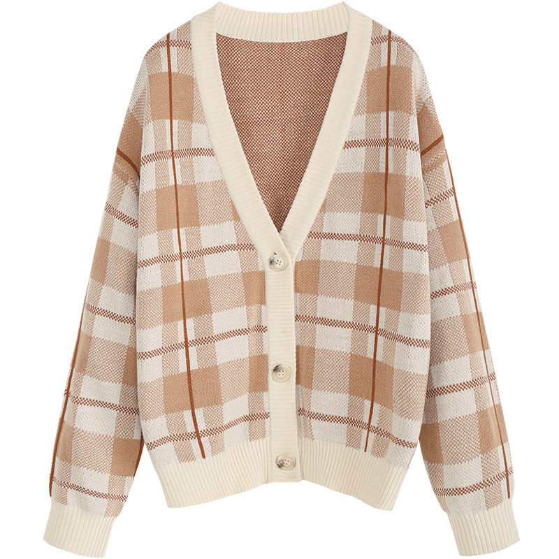 mg小象格子毛衣女宽松秋季2018新款复古v领针织上衣薄款开衫外套