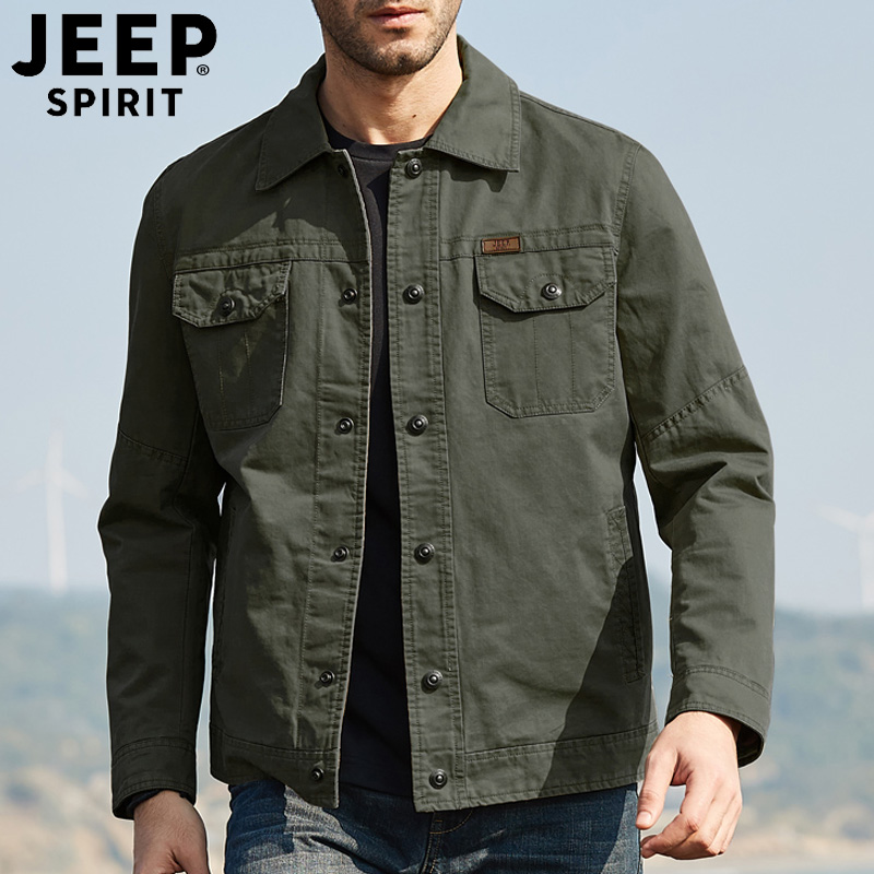 JEEP/吉普春秋夹克男水洗纯棉耐磨工装短款翻领外套宽松大码茄克