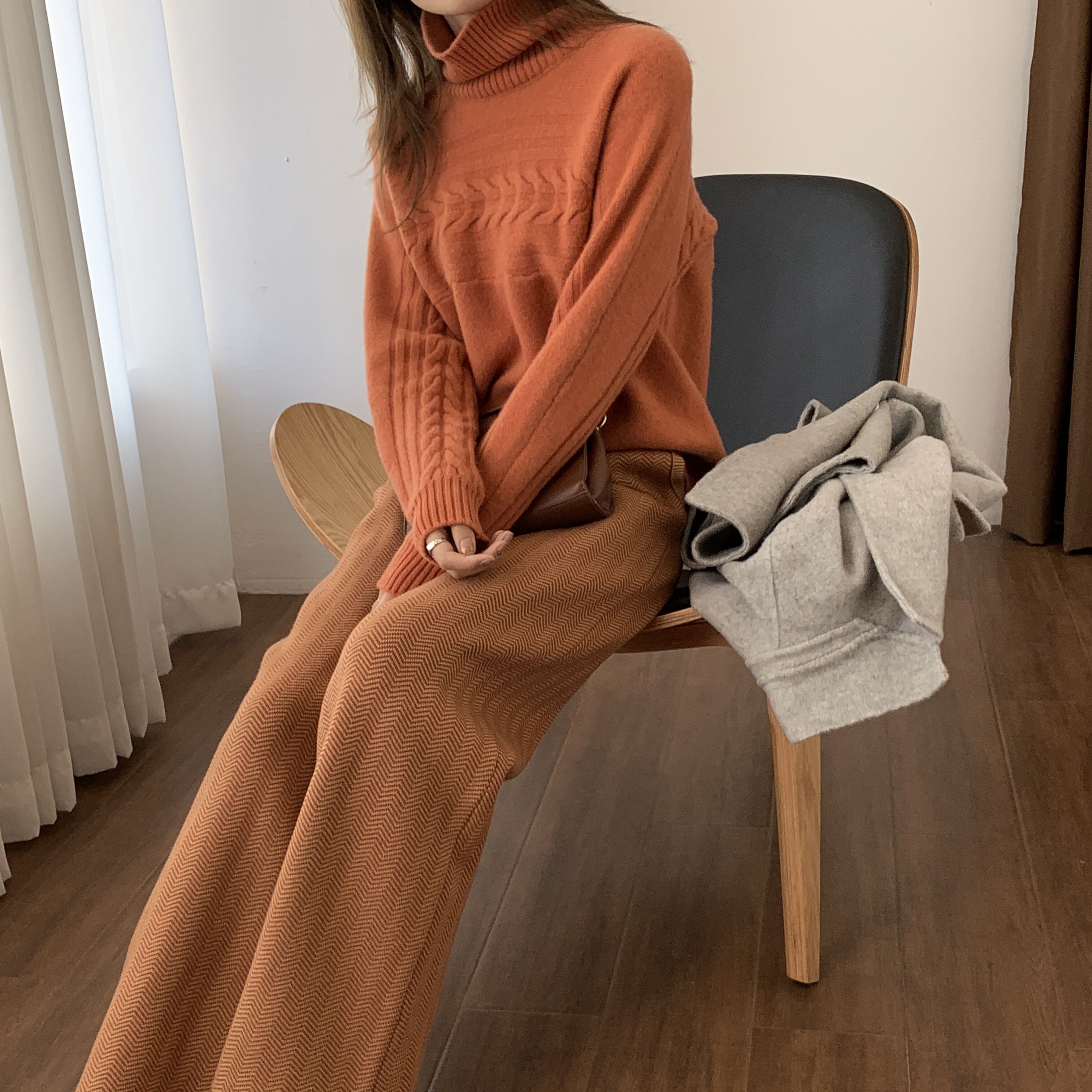 羊绒针织阔腿裤女秋冬高腰垂感毛线拖地裤加长外穿休闲宽腿直筒裤