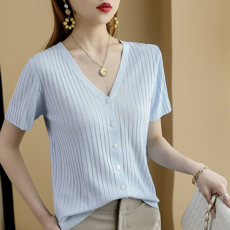 冰丝短袖开衫女领薄款针织外套短款宽松外搭半袖毛针织衫