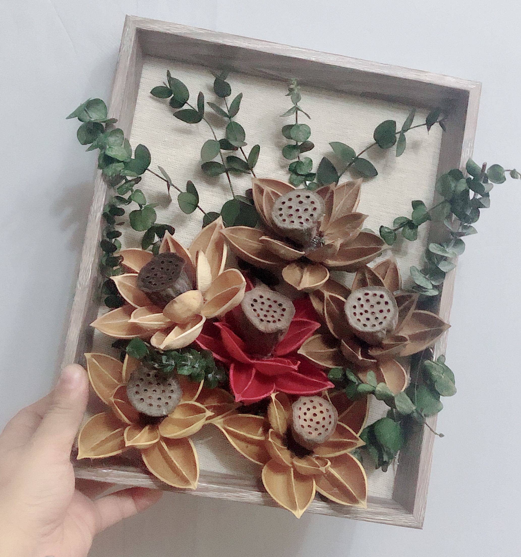 禅意木荷荷花莲蓬永生尤加利干花立体装饰相框创意礼盒