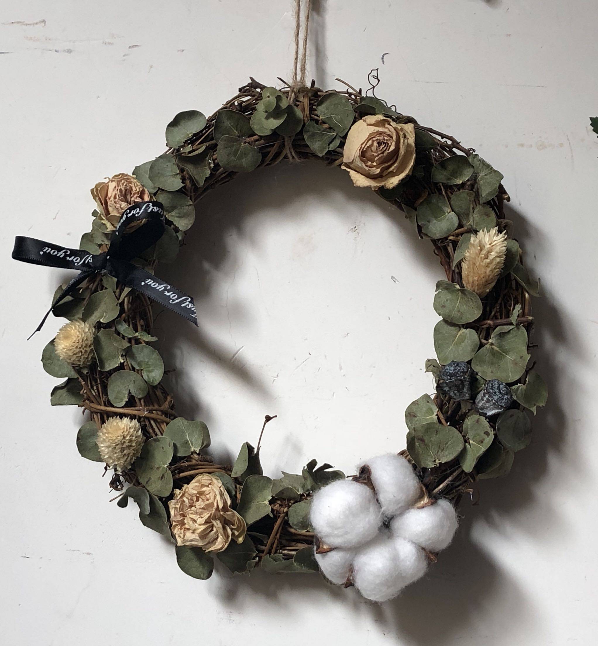 干花乡村壁饰尤加利玫瑰棉花花环壁画装饰画墙面壁饰