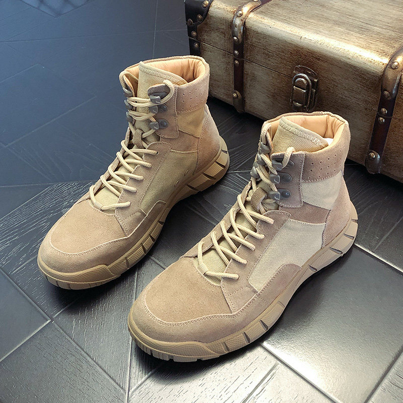 卡其色马丁靴男高帮鞋秋冬季日系潮流休闲男鞋欧美潮男迷彩工装鞋