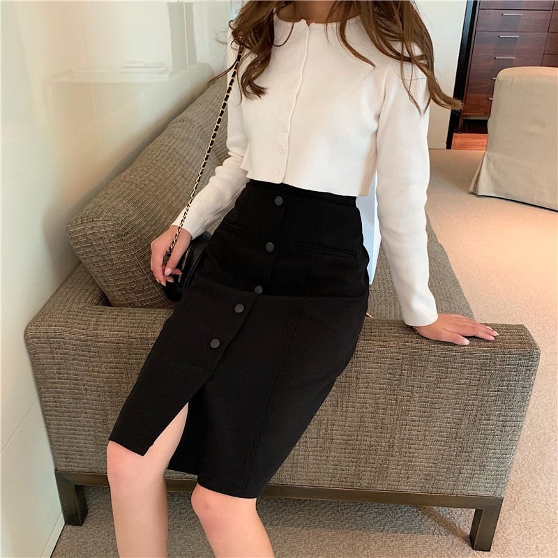 裙子黑色腰包叉裙前开开叉臀裙排扣高腰包遮胯半身裙