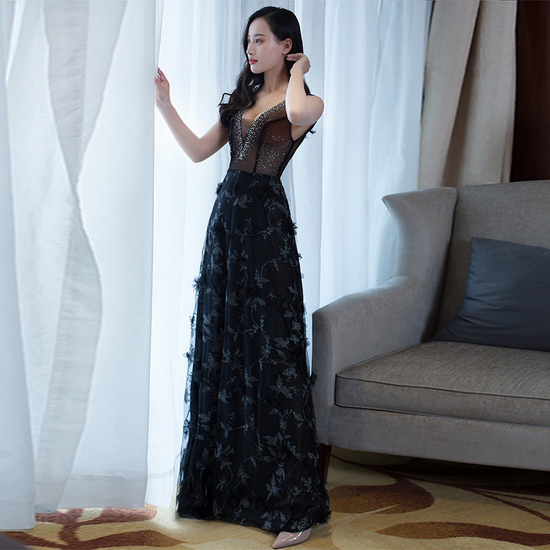 黑色性感长裙夜店透明网纱礼服桑拿技师服深礼服