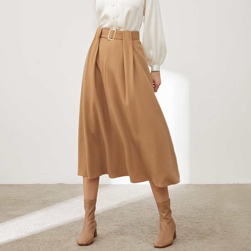 2021棕色气质通勤简约褶皱裙褶半身大摆秋冬半身裙