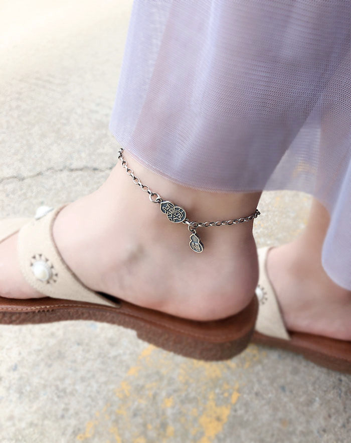 s925性感复古夏复古脚环女时尚简约纯银脚链葫芦中式脚链