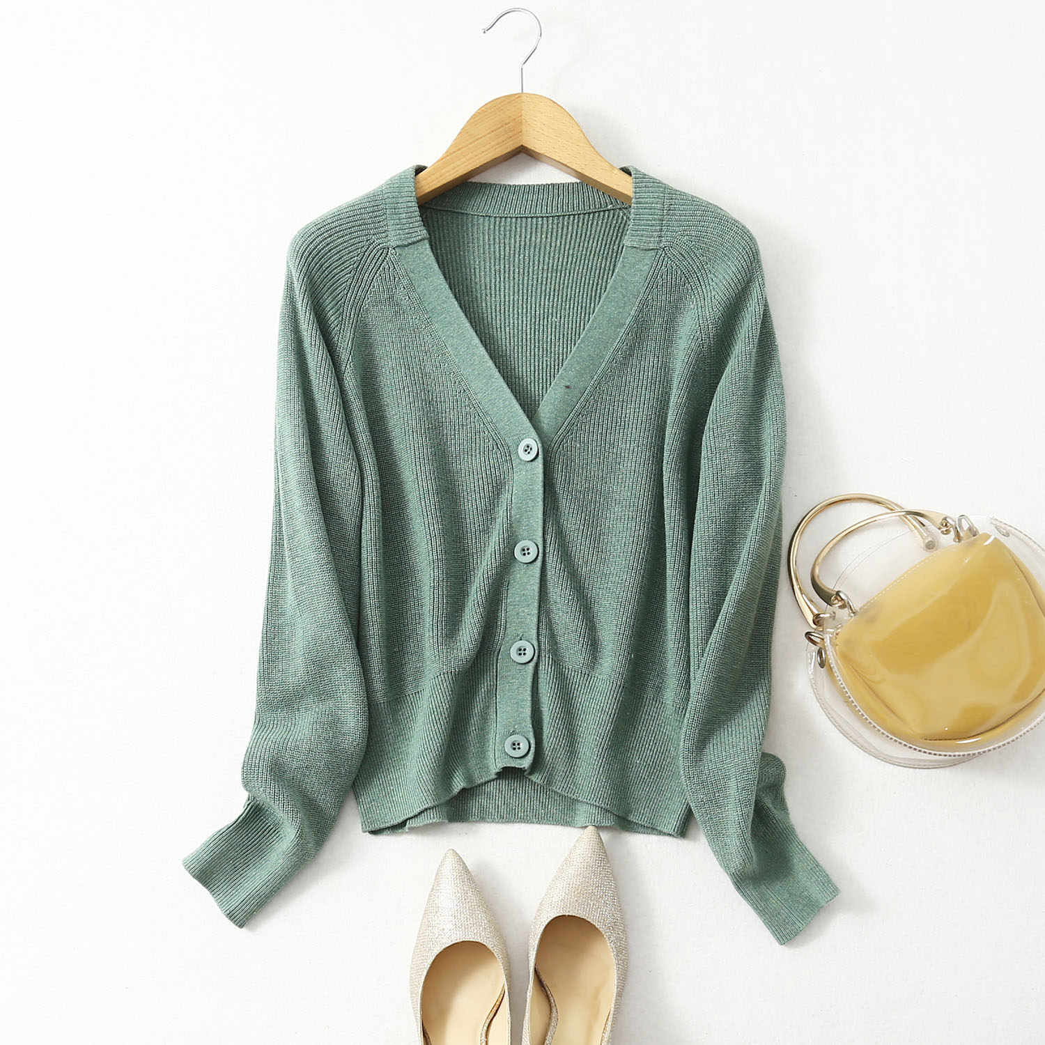 真丝羊绒针织毛衣外套女开衫秋新款领桑蚕丝毛针织衫