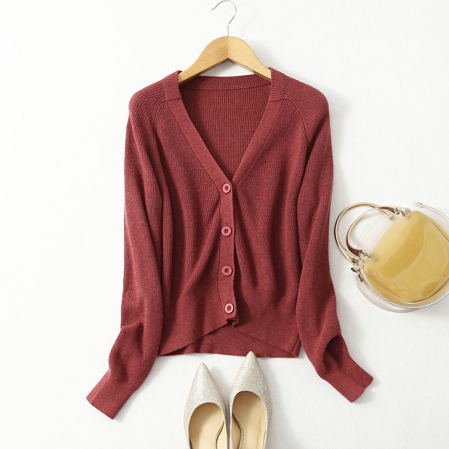 真丝羊绒针织毛衣外套女开衫秋新款领桑蚕丝毛针织衫