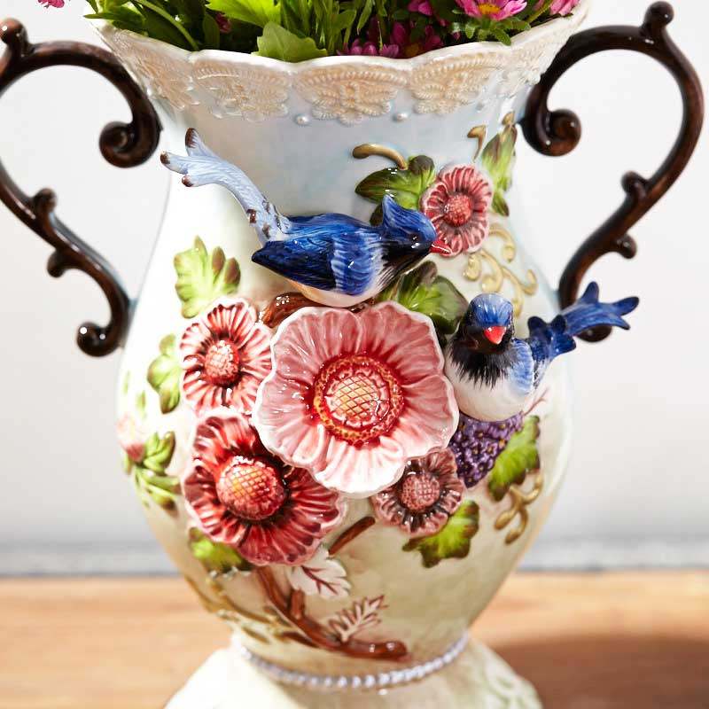 陶瓷欧式田园大号花插客厅摆件插花蓝凤桃花花瓶