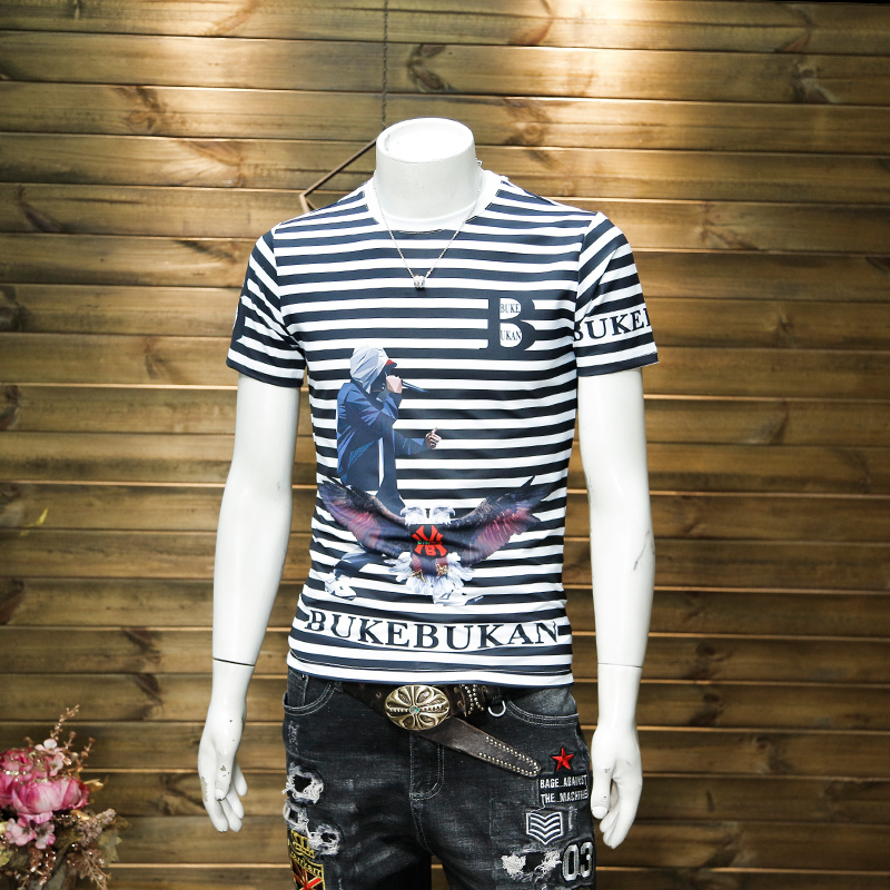 纯棉条纹短袖T恤男士青年修身欧美时尚个性半袖体恤男2022夏季潮t