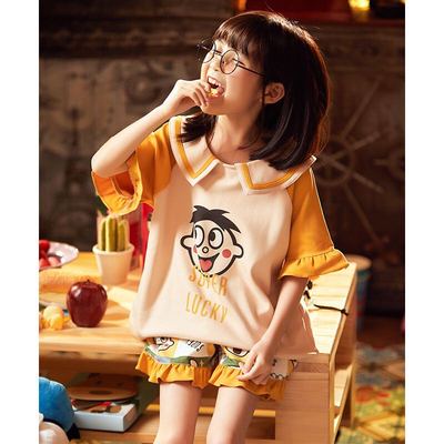 夏季纯棉可爱卡通旺仔旺旺头像套头短袖短裤儿童睡衣套装家居服