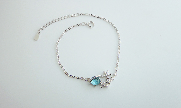 手工工日蓝色星球镶嵌白色水钻星星铜镀s925纯银手链