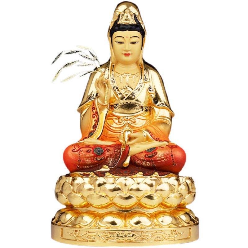 观音佛像家用供奉贴金彩绘观世音菩萨像娑三圣摆件