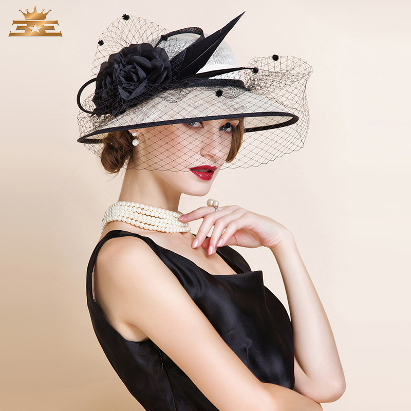 ee 欧美优雅贵族亚麻礼帽 原创设计黑白撞色英伦帽子女百搭1022