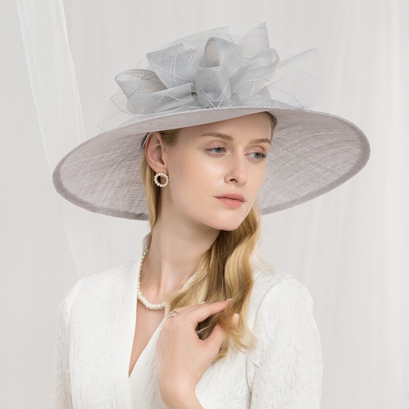 ee早春新款英式圆顶大檐麻纱礼帽搭配礼服帽子