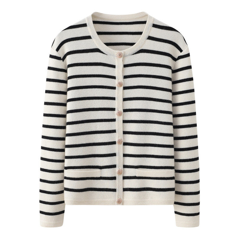 女士圆领加厚黑白条纹时尚百搭针织开衫毛衣毛衣