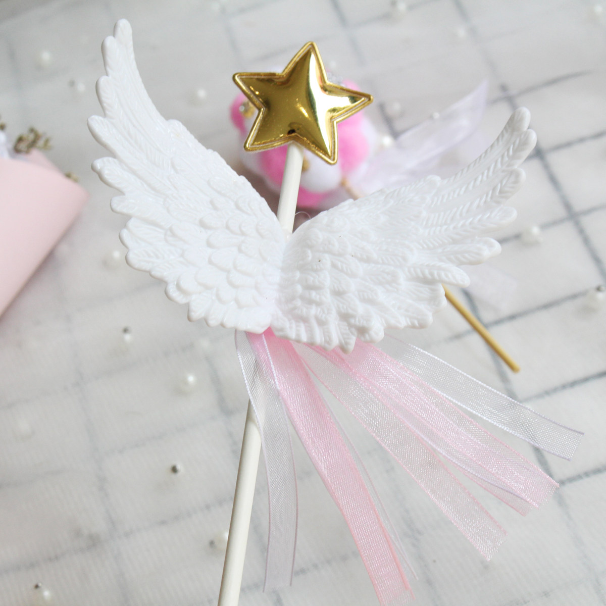 生日蛋糕立体天使天使星星星丝带翅膀五角星毛绒派对节日装扮用品