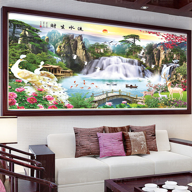 蒙娜丽莎十字绣山水画客厅风景大幅2020新款全绣流水生财玉孔雀