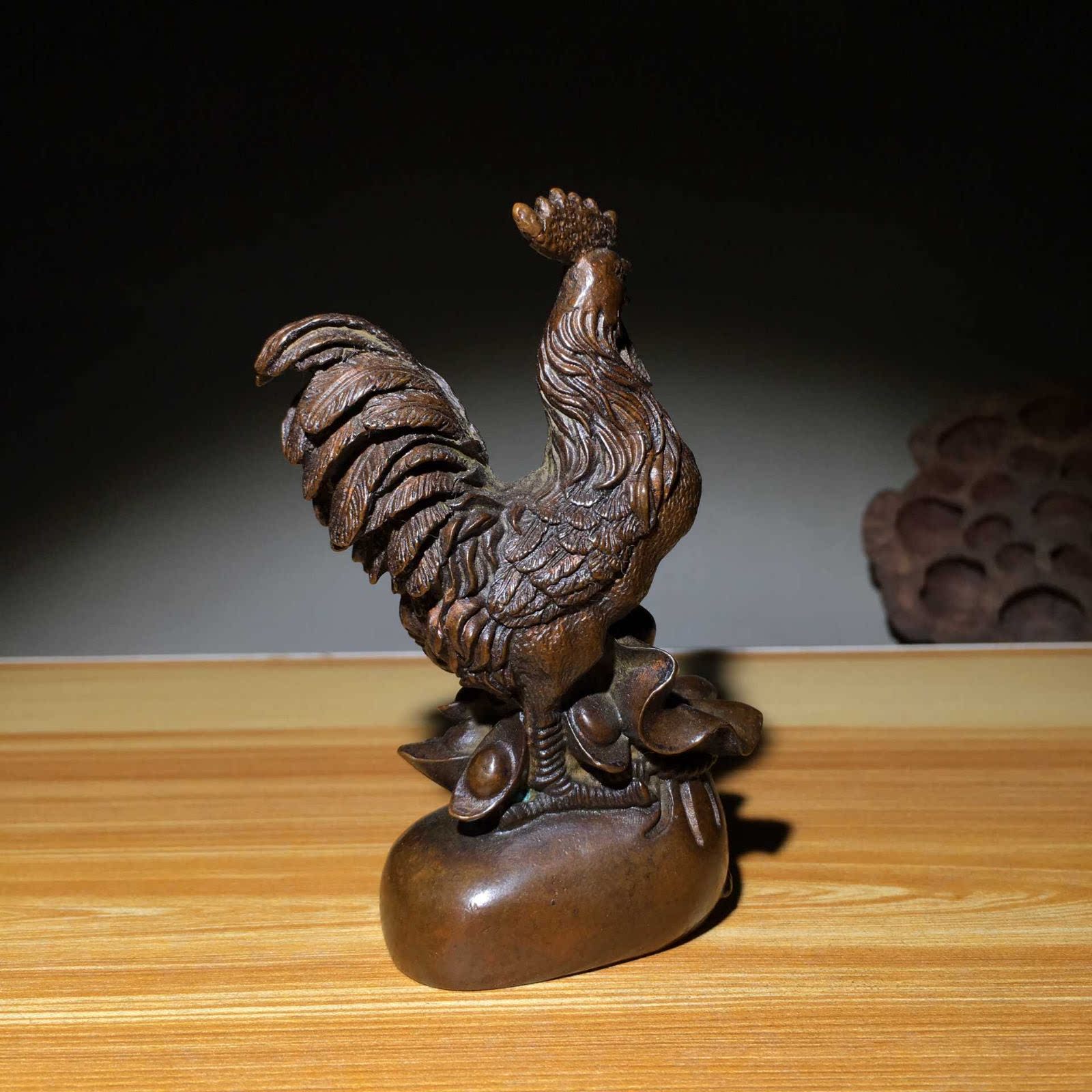 实心纯铜生肖公鸡古玩小件手把仿古铜器紫铜摆件