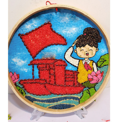 五谷杂粮豆子米画竹筛画蓝天女孩半成品粮食厘米直径手工创意粘贴类