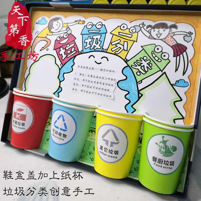 儿童创意手工手工制制作材料垃圾分类知识变废为宝手工创意粘贴类
