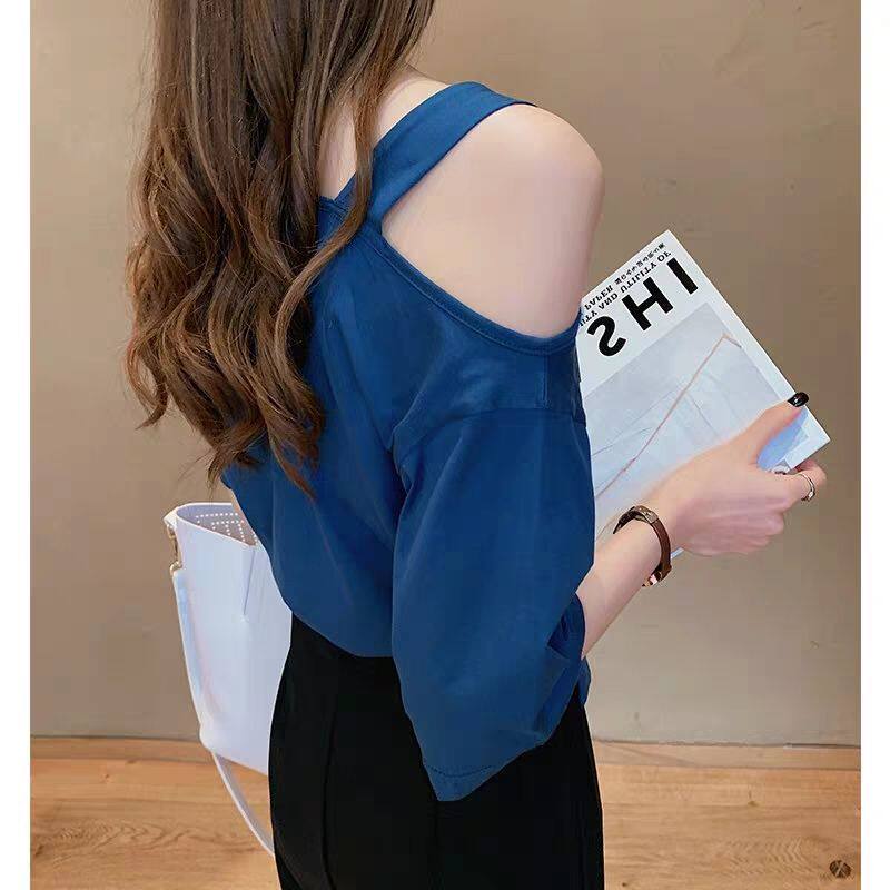 夏季新款纯色斜肩性感t恤短袖心机上衣服女网红半袖露肩打底小衫