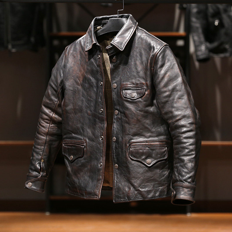 日单男装外套经典司闸员做旧茶芯马皮皮衣男士皮衣
