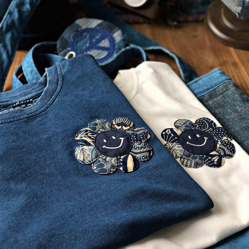 蓝染手工贴布刺绣太阳花笑脸日系复古短袖T恤青年宽松体恤衫男女