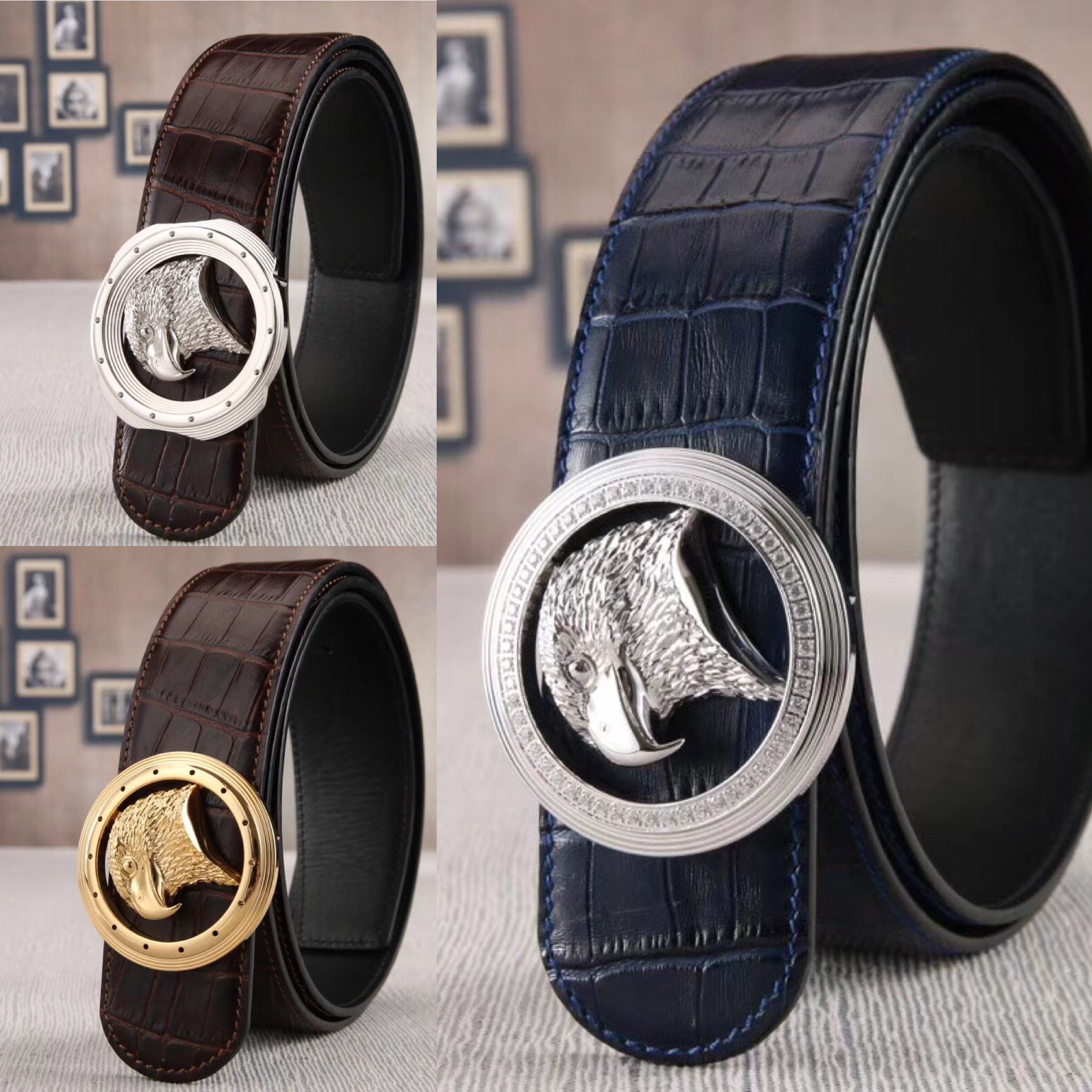 威濂史蒂芬鹰头皮带男士不锈钢鹰头镶钻皮带宝蓝色鳄鱼纹牛皮腰带