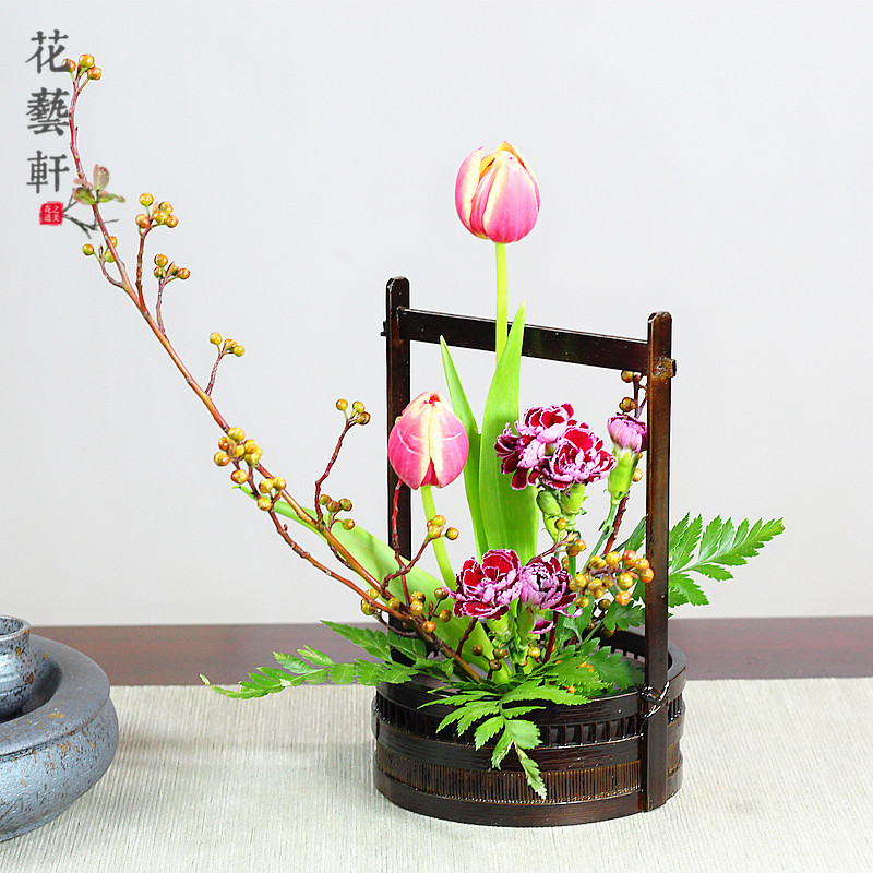 插花竹编花篮中式传统手工禅意复古摆件茶道花篮