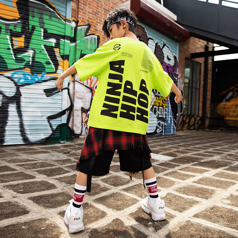 hiphop ninja儿童街舞套装男童舞蹈演出服宽松嘻哈风夏t恤女童潮