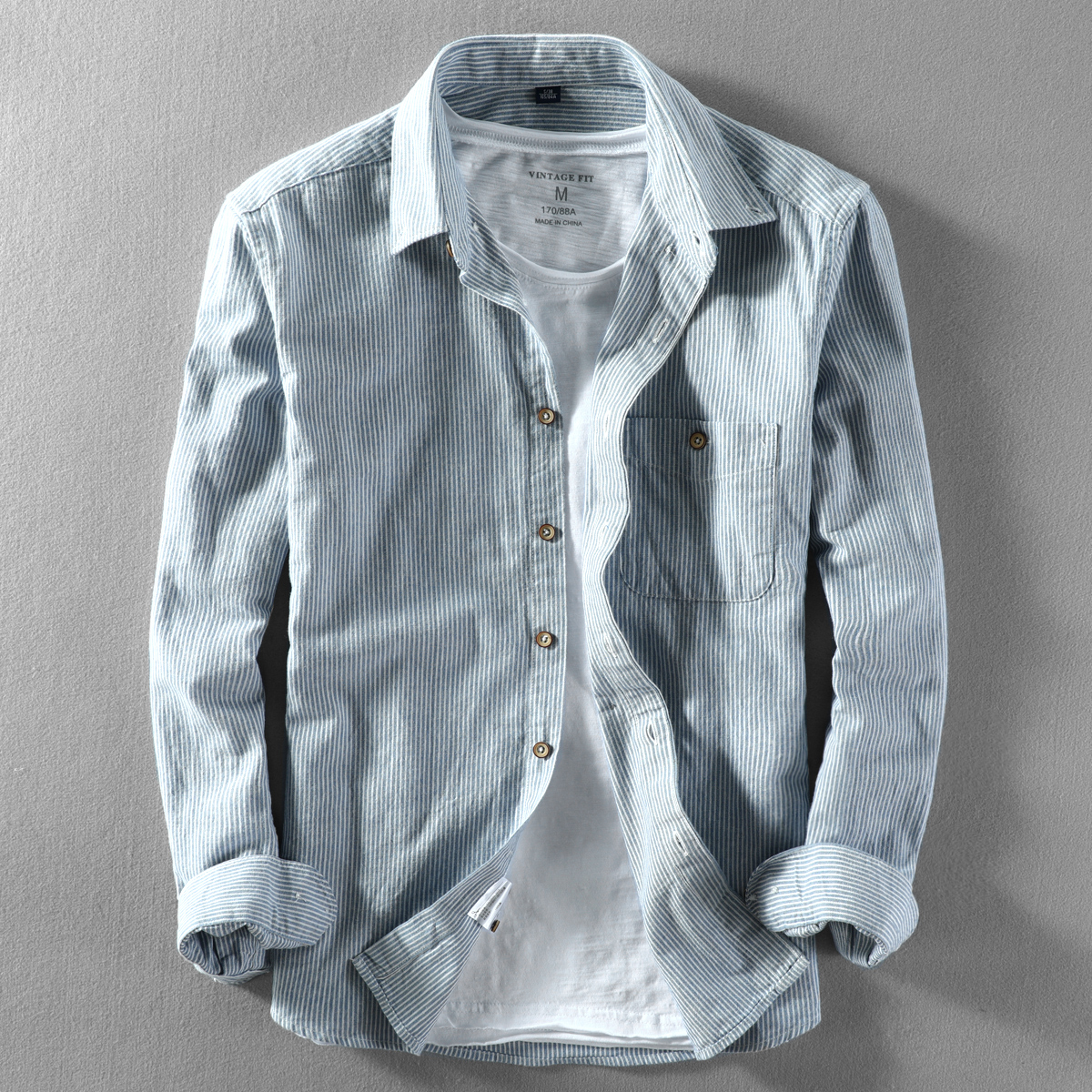 新款男士休闲长袖衬衫条纹纯棉水洗打底外穿男装潮流青年衬衣外套