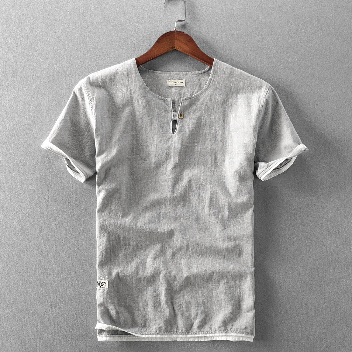 夏季装新款休闲亚麻短袖衬衫男士套头纯色棉麻衬衣薄款t恤上衣潮
