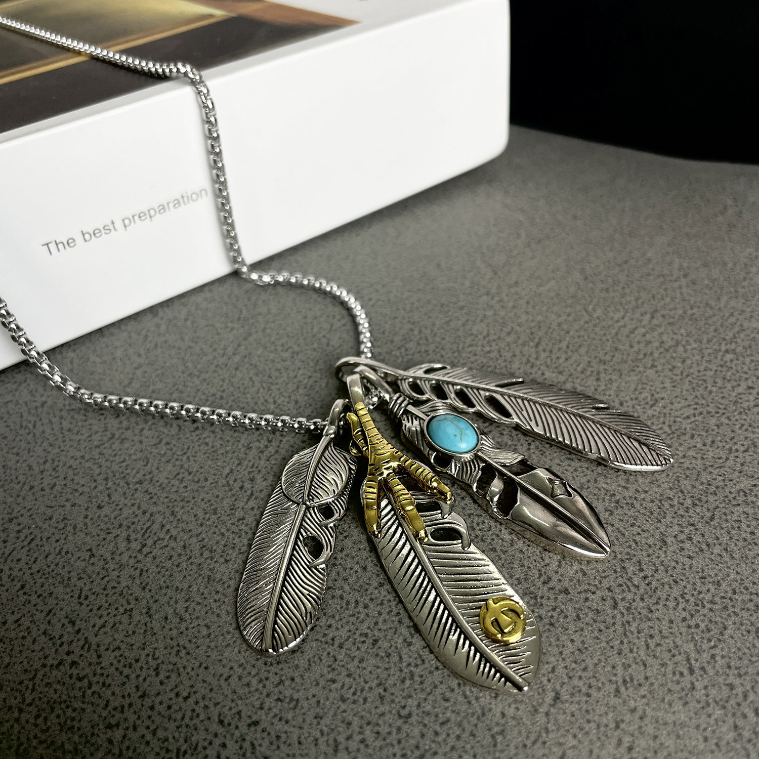 日式潮牌高桥吾郎羽毛项链男士个性s925银长款松石项链