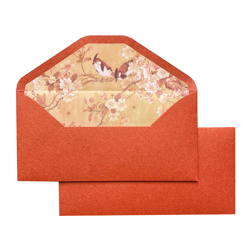 现货海棠花中国国风复古国画彩色内衬图案橙色信封
