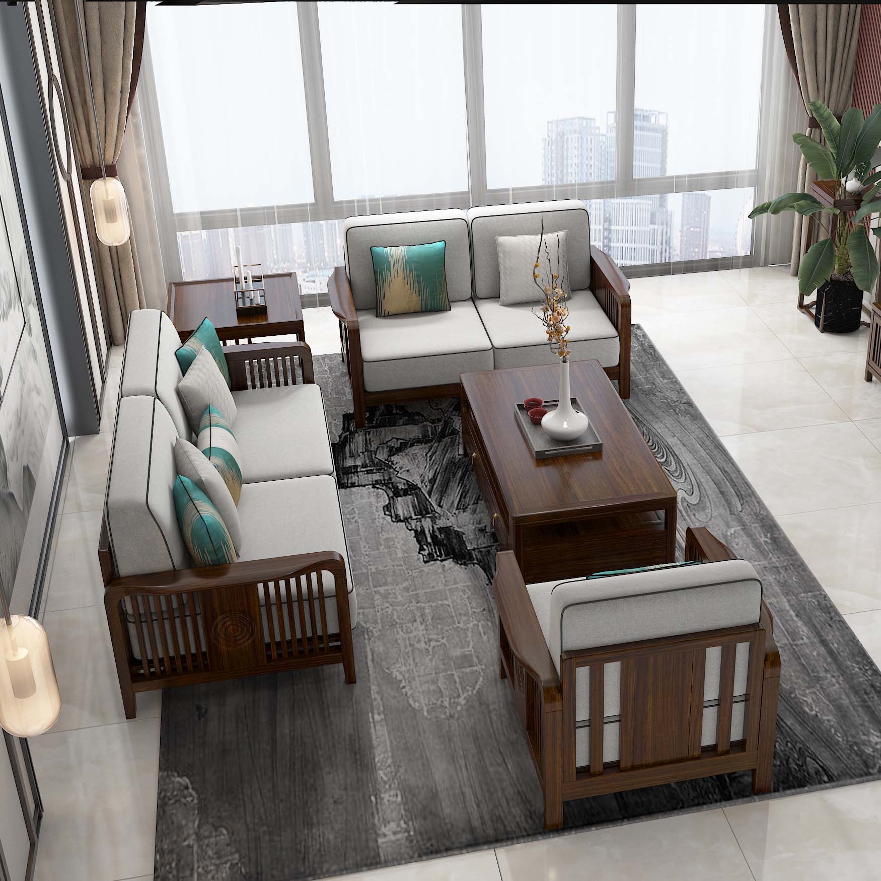 华日家居新中式中式实木布艺沙发现代简约乌金金木客厅沙发实木沙发