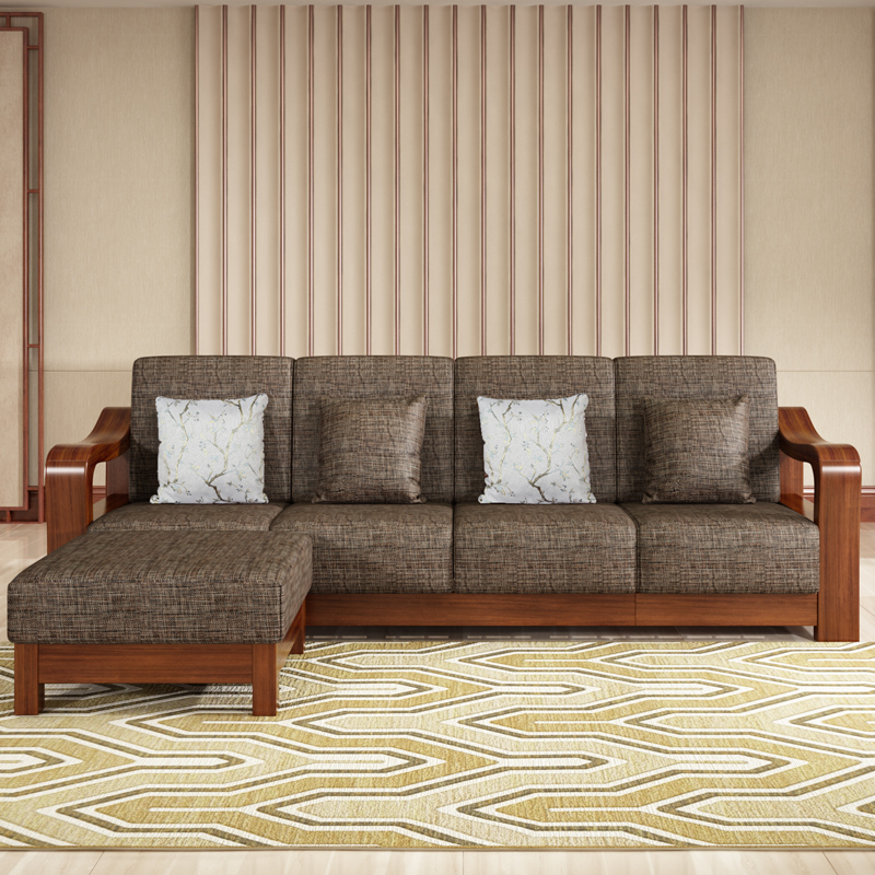 华日家居三人位实木沙发现代新中式布艺组合沙发客厅整装家具h1