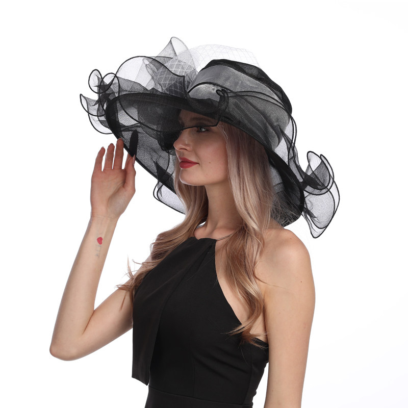 欧式太阳帽夏凉帽时尚羽毛欧根纱帽花朵大檐遮阳帽帽子