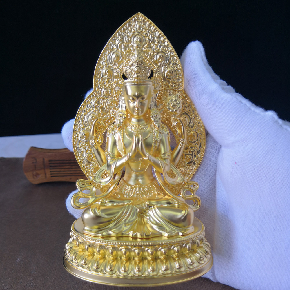 四臂观音纯银佛像金色3寸随身佛雕花小佛像密宗供奉摆件可装藏传