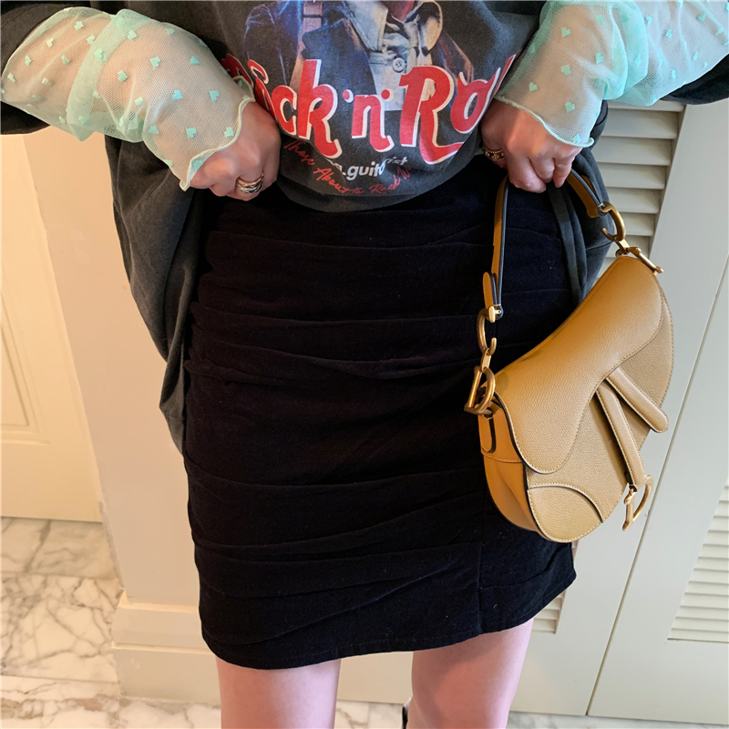 borakoo韩国东大门3色粉蓝丝绒褶皱包臀半身短裙半身裙