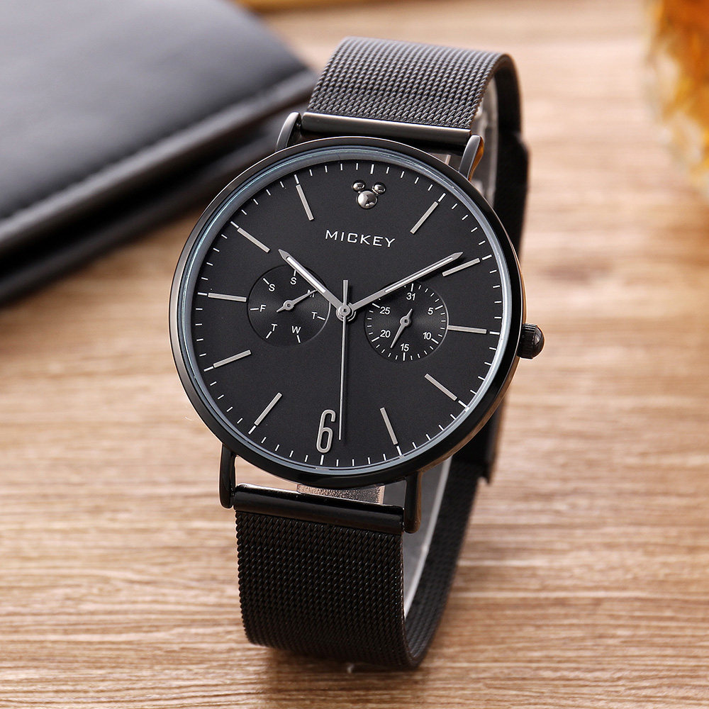 迪士尼男士手表男学生钢带网带时尚潮流日历中学生简约青少年手表