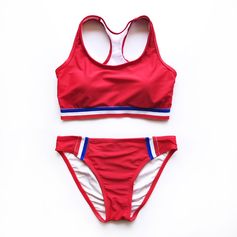 外贸红白蓝新款三角比基尼游泳衣瑜伽冲浪运动工字分体泳衣