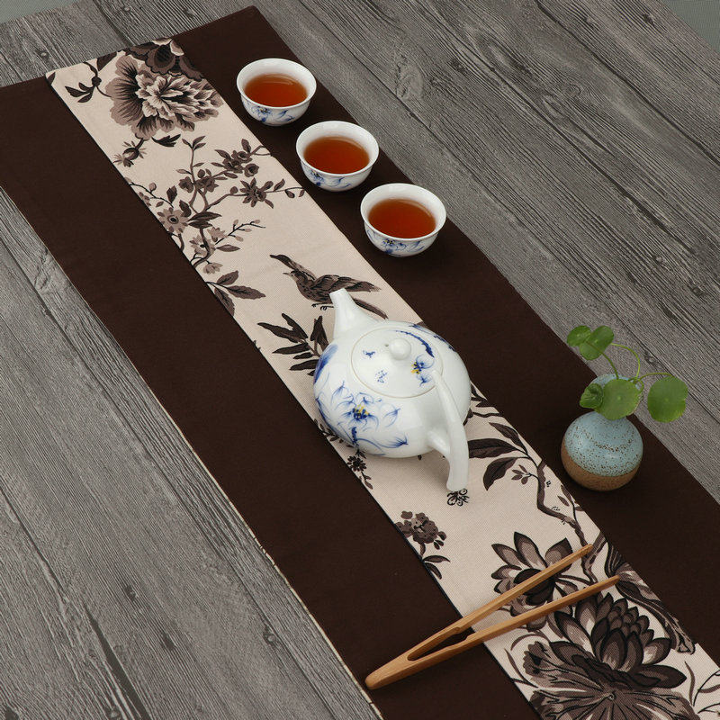 中国国风棉麻茶席手工双层禅意印字桌旗功夫茶道